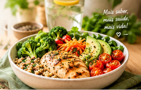 Tigela colorida e nutritiva com frango grelhado, quinoa, brócolis e legumes frescos