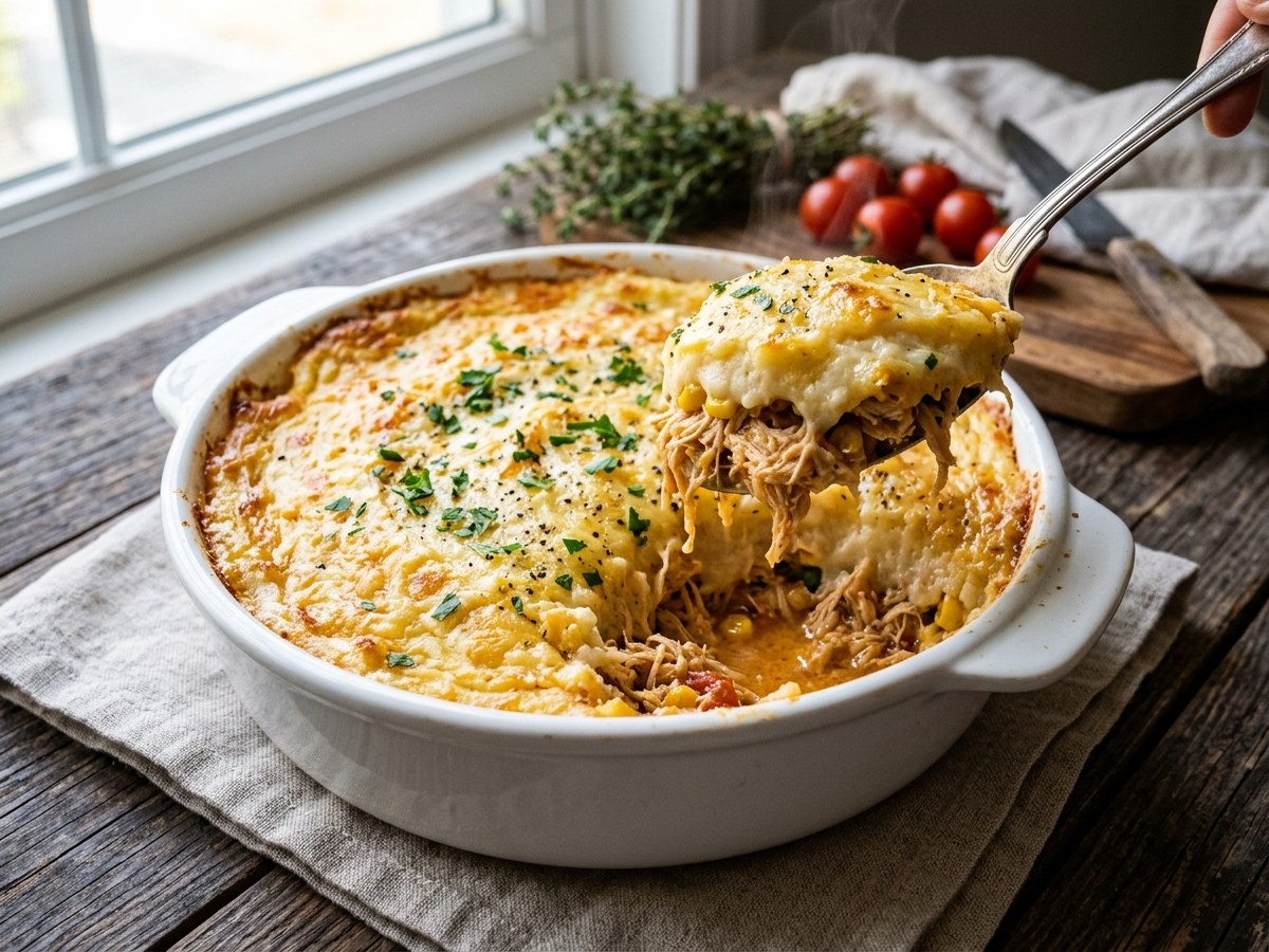 Escondidinho fit de frango com purê cremoso de mandioca e crosta dourada - Sabor que Cuida