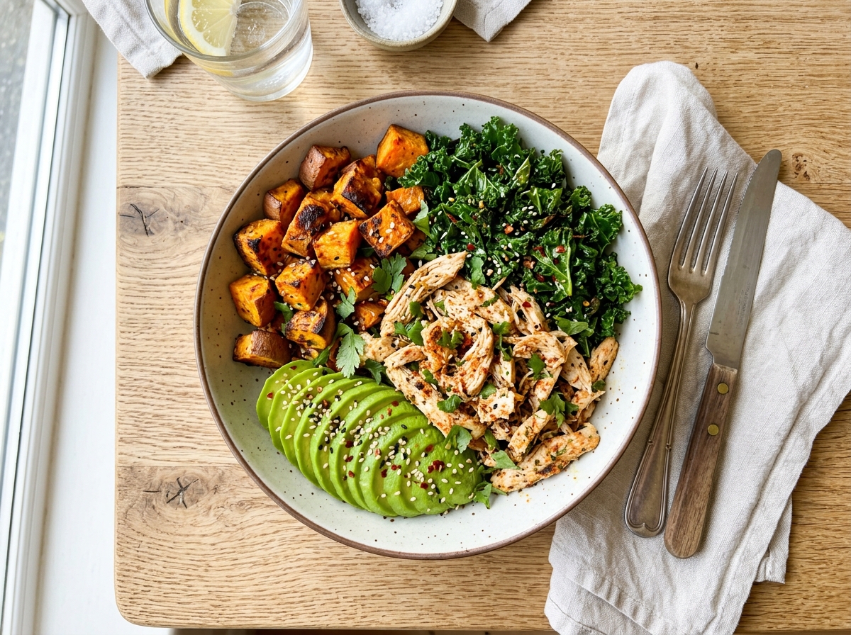 Bowl de Frango com Batata-Doce e Couve Crocante