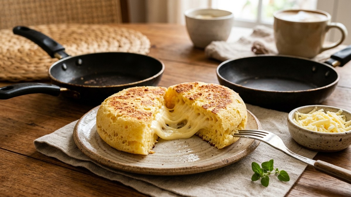 Pãozinho Fit de Frigideira fofinho e dourado cortado ao meio com queijo derretido